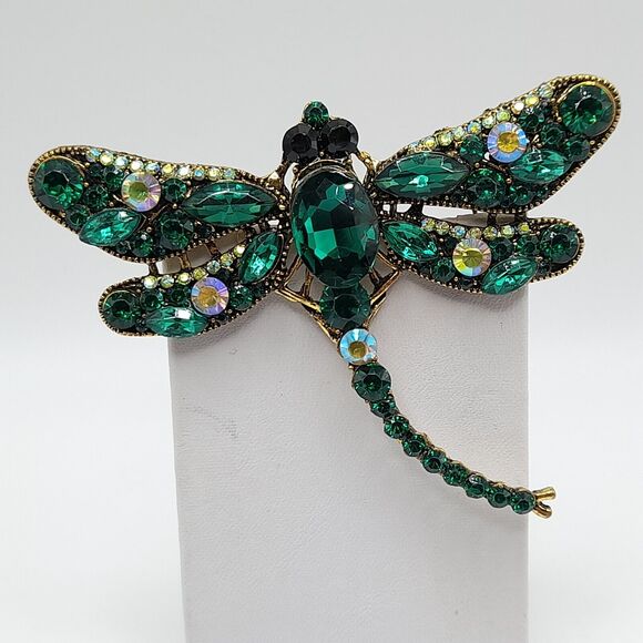 Dragonfly Large Brooch Pin Green Crystal Rhinestone Jewelry - Picture 11 of 13